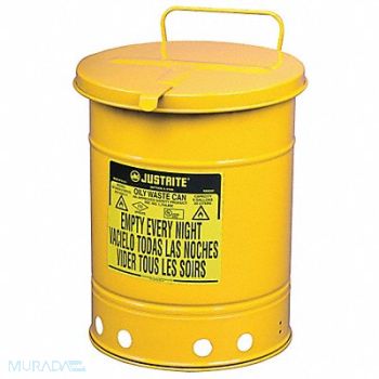JUSTRITE Oily Waste Can 10 gal Steel Yellow, 13M349