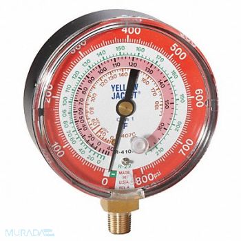 YELLOW JACKET Gauge 3 1/8In Dia High Side Red 800 psi, 10M828