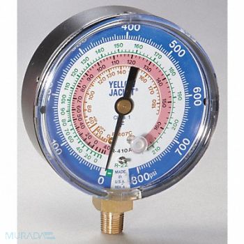 YELLOW JACKET Gauge 3 1/8In Dia Low Side Blue 800 psi, 10M829
