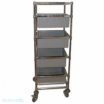 GRAINGER APPROVED Mobile Bin Cart 68Hx24W w/4 Gray Bins, 14A062