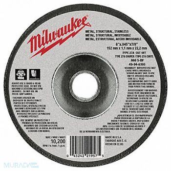 MILWAUKEE Cutting Wheel 6 X.045 X7/8 Type 27, 163G52