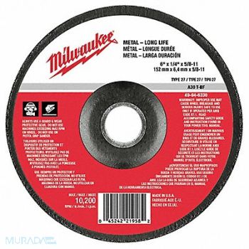 MILWAUKEE Grinding Disc 6 X1/4 X5/8 -11, 163G60