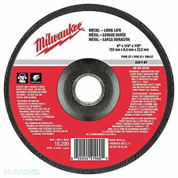 MILWAUKEE Grinding Disc 6 X1/4 X7/8, 163G61