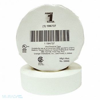 GRAINGER APPROVED Elec Tape 66 ft Lx3/4 in W 7 mil White, 19N737