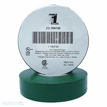 GRAINGER APPROVED Elec Tape 66 ft Lx3/4 in W 7 mil Green, 19N740