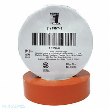 GRAINGER APPROVED Elec Tape 66 ft Lx3/4 in W 7 mil Orange, 19N742