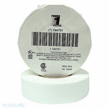 GRAINGER APPROVED Elec Tape 60 ft Lx3/4 in W 7 mil White, 19N751