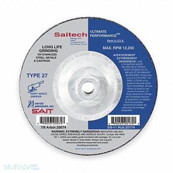 UNITED ABRASIVES-SAIT Depressed Ctr Wheel T27 4-1/2in 5/8in-11, 1AUH5