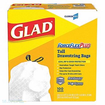 GLAD Trash Bag 13 gal White PK100, 1JZL1