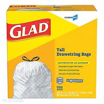 GLAD Trash Bag 13 gal White PK100, 1JZL3