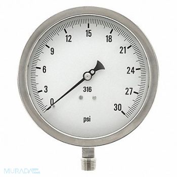 PIC GAUGES H8409 Pressure Gauge Heavy Duty 6 in 30 psi, 20TX36