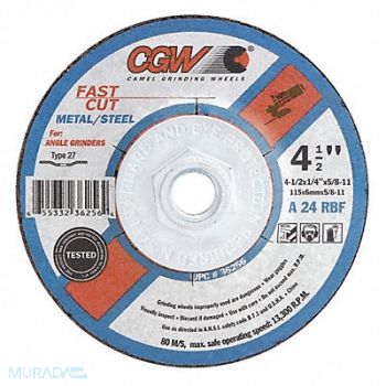 CGW ABRASIVES Depressed Ctr Whl 4.5x1/4x7/8 T27, 267K42