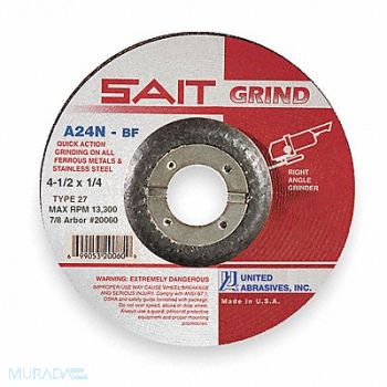UNITED ABRASIVES-SAIT Depressed Center Whl T27 4.5x1/4x7/8 AO, 2KMG2