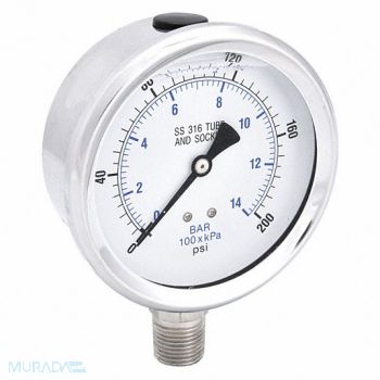 PIC GAUGES H8407 Pressure Gauge Stainless Steel 200 psi, 30ZV85