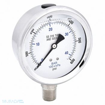 PIC GAUGES H8407 Pressure Gauge Stainless Steel 600 psi, 30ZV88