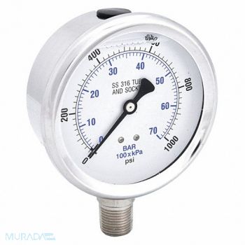 PIC GAUGES H8407 Pressure Gauge Stainless Steel 1000 psi, 30ZV89