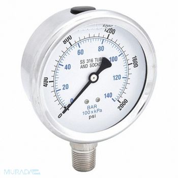PIC GAUGES H8407 Pressure Gauge Stainless Steel 2000 psi, 30ZV91
