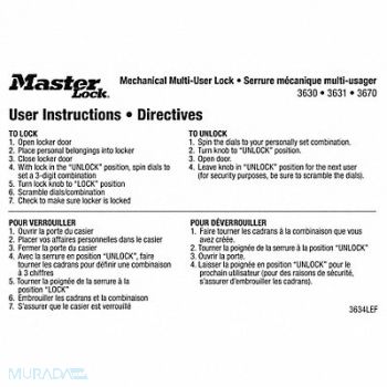 MASTER LOCK Instruction Sticker, 31MH10
