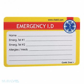 VITAL ID Emergency Wallet I.D. Card Plastic PK200, 35YY93