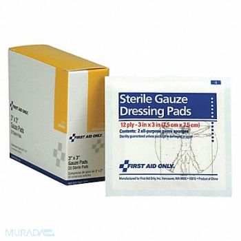 FIRST AID ONLY Gauze Pad Sterile 3 in L x 3 in W PK20, 36LF48
