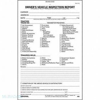 JJ KELLER Vehicle Inspection Form 2 Ply W/Carbon, 38D295