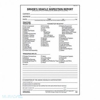 JJ KELLER Vehicle Inspection Form 3 Ply W/Carbon, 38D296