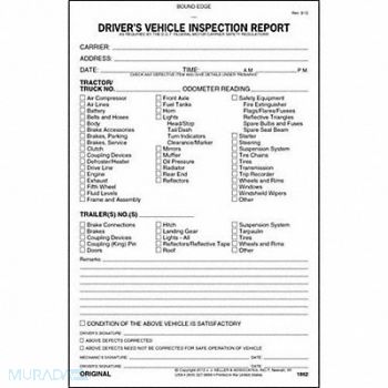 JJ KELLER Vehicle Inspection Form 3 Ply Carbonless, 38D298