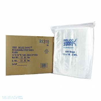 RELOC ZIPPIT Reclosable Poly Bag Zip Seal PK1000, 38UU94
