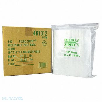 RELOC ZIPPIT Reclosable Poly Bag Zip Seal PK500, 38UU96