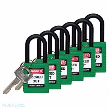 BRADY H1707 Lockout Padlock KA Green 1-3/4 H PK6, 39N246