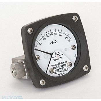 MIDWEST INSTRUMENT D0754 Pressure Gauge 0 to 75 psi, 3GUZ8