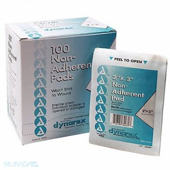 GRAINGER APPROVED Non-Adherent Pad Sterile Rayon PK100, 3JME4