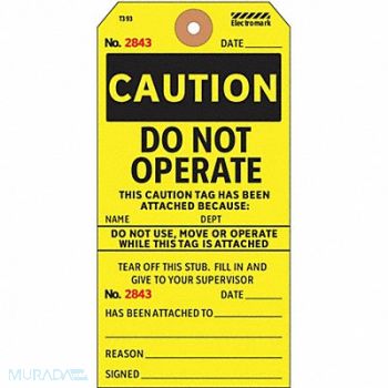 ELECTROMARK Caut Tag 5-3/4 x 2-7/8 In Bk/Yel PK100, 3VCW2