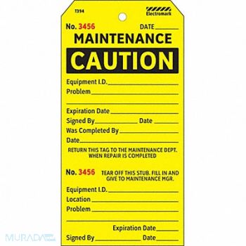 ELECTROMARK Caution Tag 5 3/4in H 2 7/8in W PK100, 3VCW3