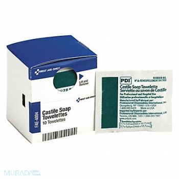 FIRST AID ONLY Castile Soap Towelettes Antiseptics PK10, 3WHR8