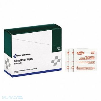 FIRST AID ONLY Sting Relief Wipes White 50/Box, 41CR13