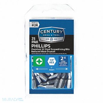 CENTURY DRILL AND TOOL Phillips Drywall Screwdriver Bit 2R 25Pk, 42ZH41