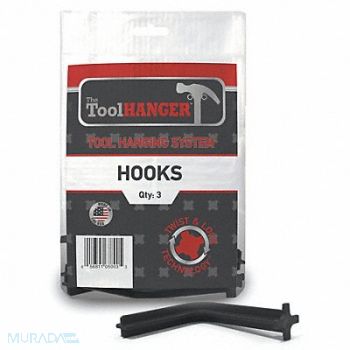 TOOLHANGER Polyprpyln Plastic Hook Hanger Black PK3, 436C69