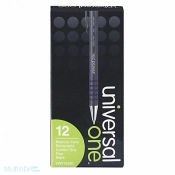 UNIVERSAL ONE Comfort Grip Retrctble Pen Blk Fine PK12, 43KT24