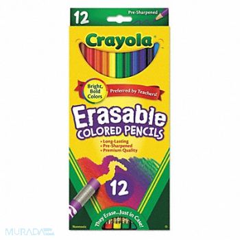 CRAYOLA Color Pencil Erasable Assorted PK12, 43YH99