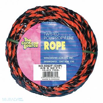 GRAINGER APPROVED Rope 50ft Blk/Orng 215lb. Polyprpylne, 45AV21