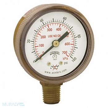 WINTERS K4562 Pressure Gauge 2 Dial Size Brass, 491D45