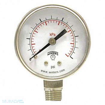 WINTERS Pressure Gauge 1-1/2 Dial Size Silver, 491F33