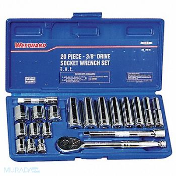 WESTWARD Socket Wrench Set SAE 3/8 in Dr 20 pc, 4PL98