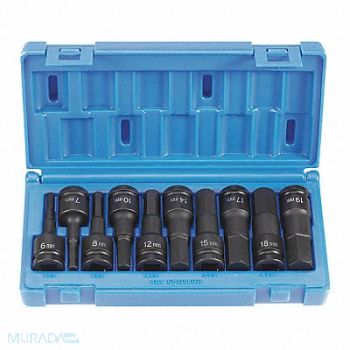 GREY PNEUMATIC Hex Driver Set 1/2 D Metric 10pcs., 51NM19