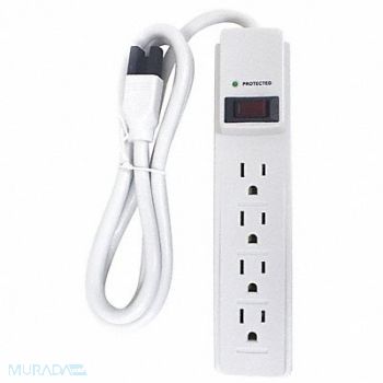 POWER FIRST Surge Protector Outlet Strip 4 ft White, 52NY67