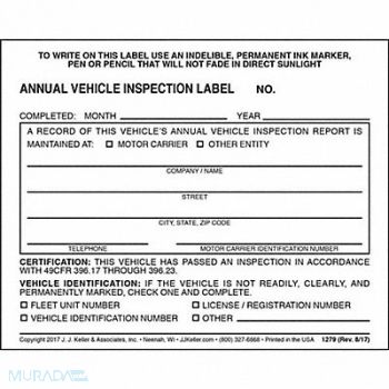 JJ KELLER Vehicle Inspection Decal Vinyl PK10, 52VR12