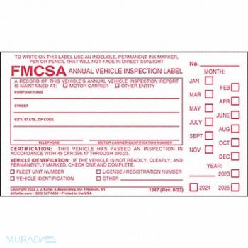 JJ KELLER Vehicle Inspection Decal Vinyl PK10, 52VR14