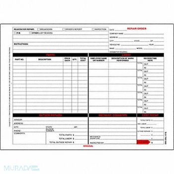 JJ KELLER Garage Repair Order Form PK10, 52VR23