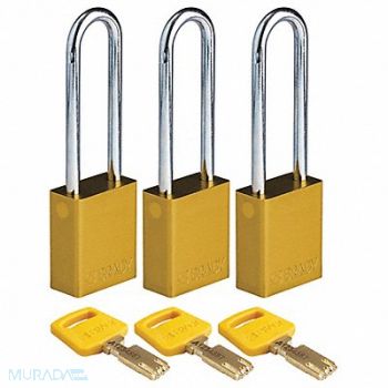 BRADY Lockout Padlock Al 1/4 W Yellow PK3, 55JY51
